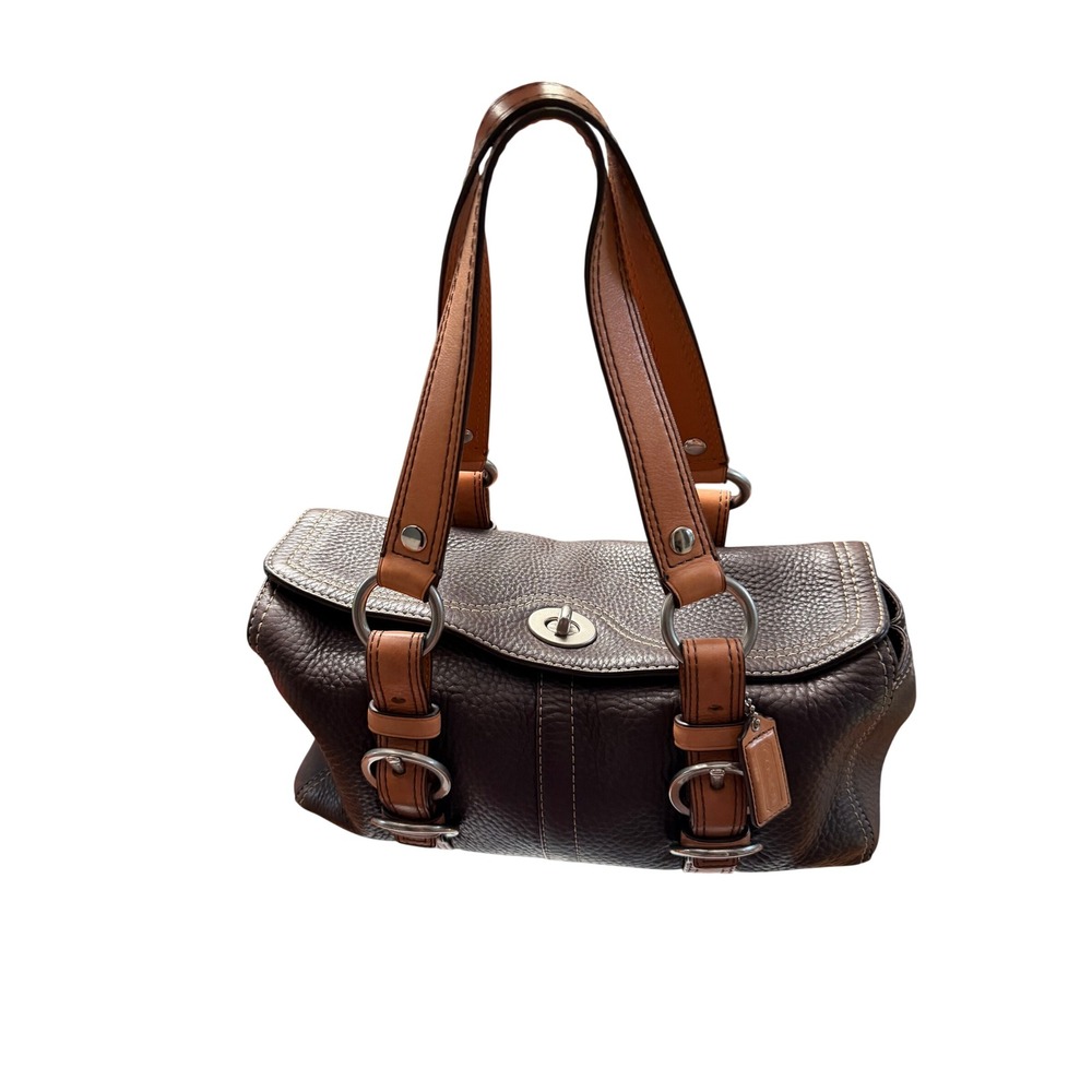 VTG Y2k Coach Chelsea Pebbled Leather Turnlock Satchel F12334 Dark Brown Tan